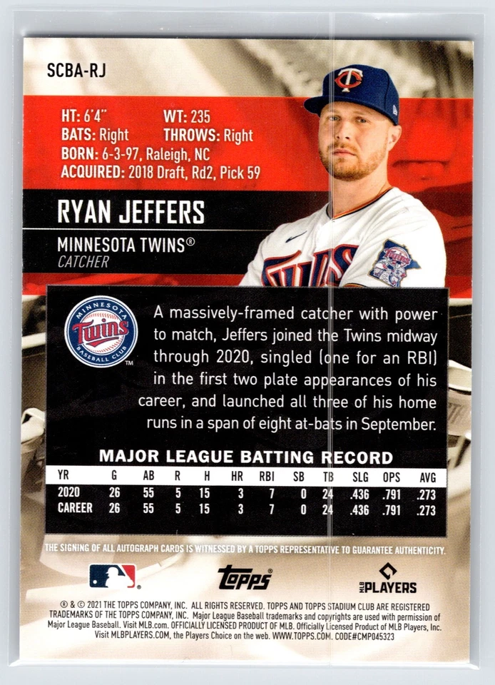 2021 Topps Stadium Club Ryan Jeffers Rookie Autograph Auto #SCBA-RJ Minnesota - Image 2 of 2