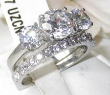 Engagement wedding ring set silver band cz cubic zirconia stainless steel 2177