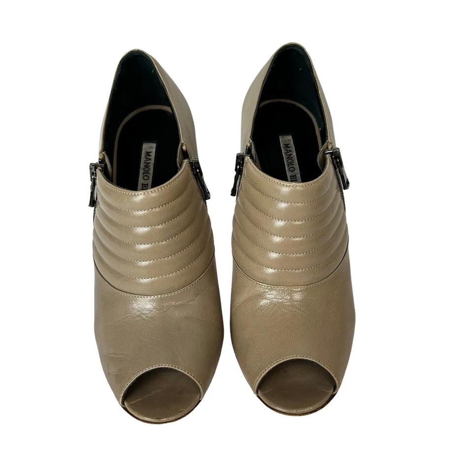 Manolo Blahnik Talla 37 US 7 Taupe Peep Toe Botines Tacón al Tobillo Cuero Foto 3 de 4