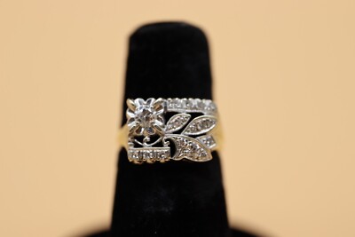KINSLEY & SONS INC. GOTHIC 14K Gelb & Weißgold Floral Perlen besetzt Diamant Ring