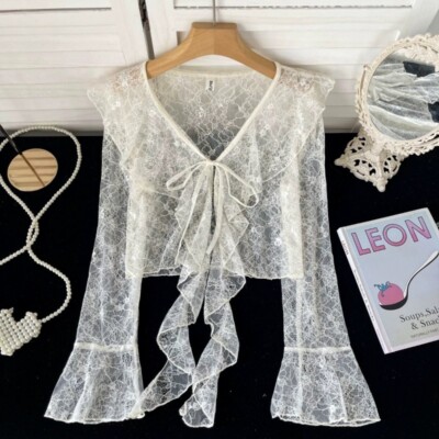 Ladies Floral Lace Shirt V Neck Cardigan Cropped Top Flared Sleeves