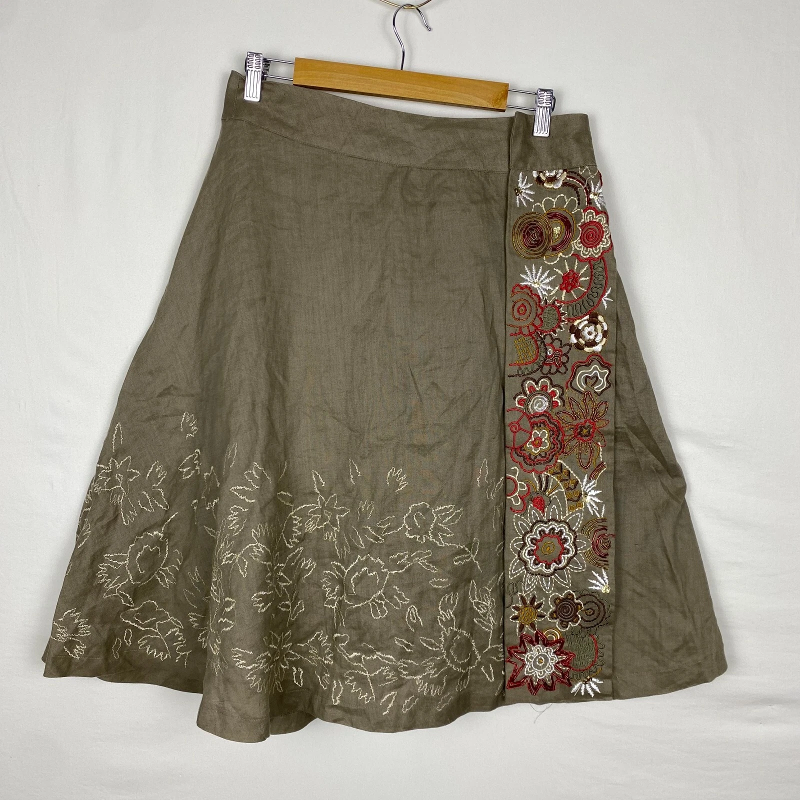 Saint Tropez West Skirt Women's Medium 100% Linen A-Line Flare Boho Embroidery