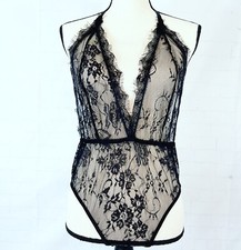 Black Lace Nightware Lingerie V Neck Babydoll Bodysuit Size Large