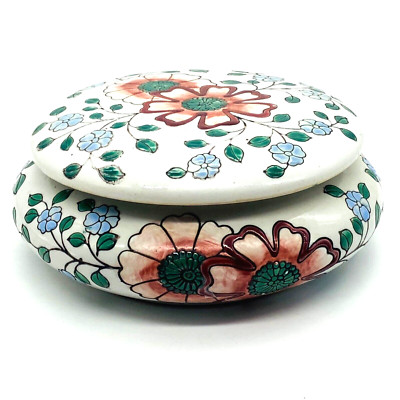 Trinket Box Jewelry Box Vanity Hand Painted  Floral Ceramic Round Vintage 7''