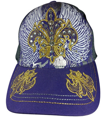 KBethos Snapback Mesh Hat Saints Fleur-de-lis Purple Gold Rhinestone Embellished