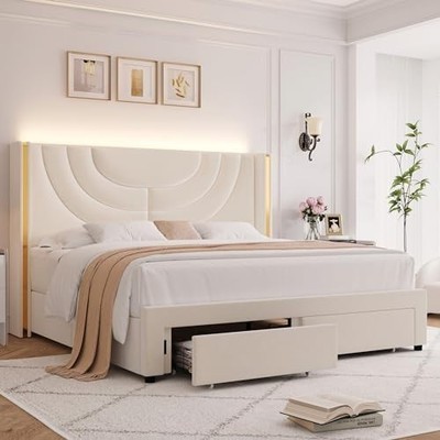 HITHOS Queen LED Upholstered Bed Frame Velvet Wingback w/ Drawers