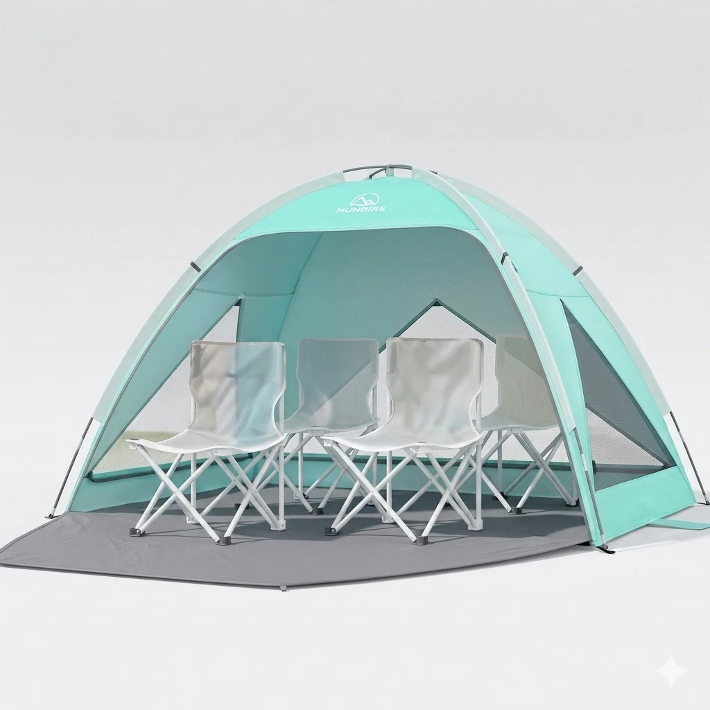 Beach Tent Sun Shelter - UPF 50+ - 3 Mesh Windows - Extendable Floor - 4 People