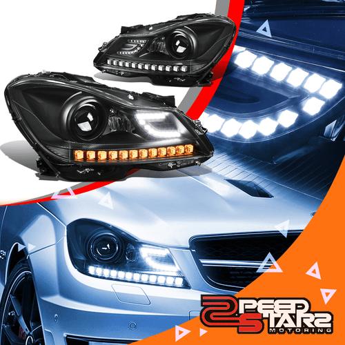 FOR 12-15 C-CLASS W204 BLACK 3D HALO PROJECTOR HEADLIGHT+CLEAR LED CORNER LAMPS - Picture 1 of 9