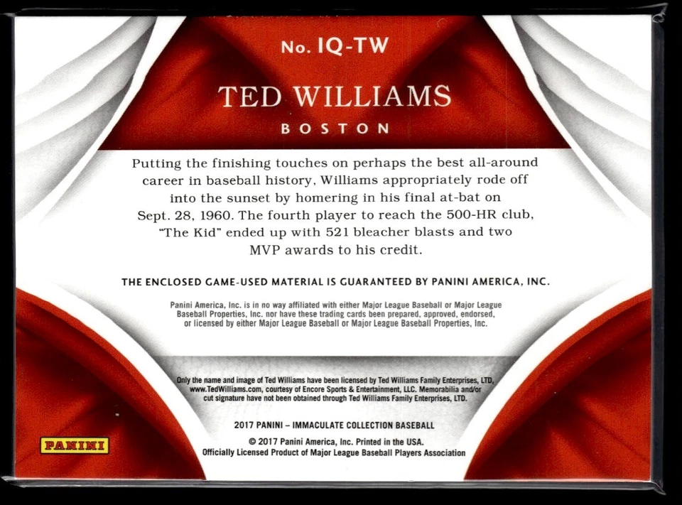 Bate Ted Williams 2017 Panini Immaculate Collection juego usado/10 Boston Red Sox Foto 2 de 2