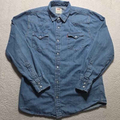 VTG Levis Mens Large Denim Western Pearl Snap Shirt Standard 90s Y2K Long Sleeve