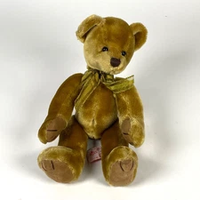 Russ Berrie Dunwell Bear Plush Stuffed Animal Green Bow Sitting Posable Brown