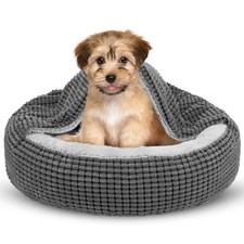 Small Dog Bed with Attached Blanket, Cozy Donut Cuddler Anti-Anxiety Hooded P...