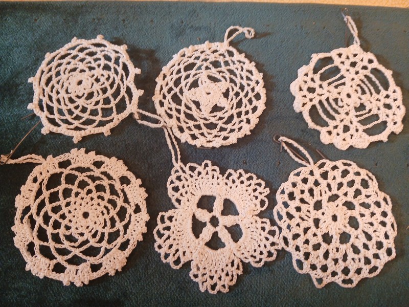 Vintage Lot Of 6  White Crocheted Starched Snowflake Christmas Doily Ornaments 