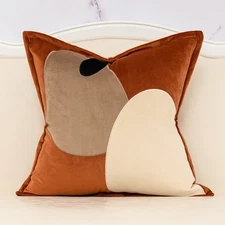 Dark Orange Decorative Velvet Throw Pillow Cover with Cloth Texture Patchwork...