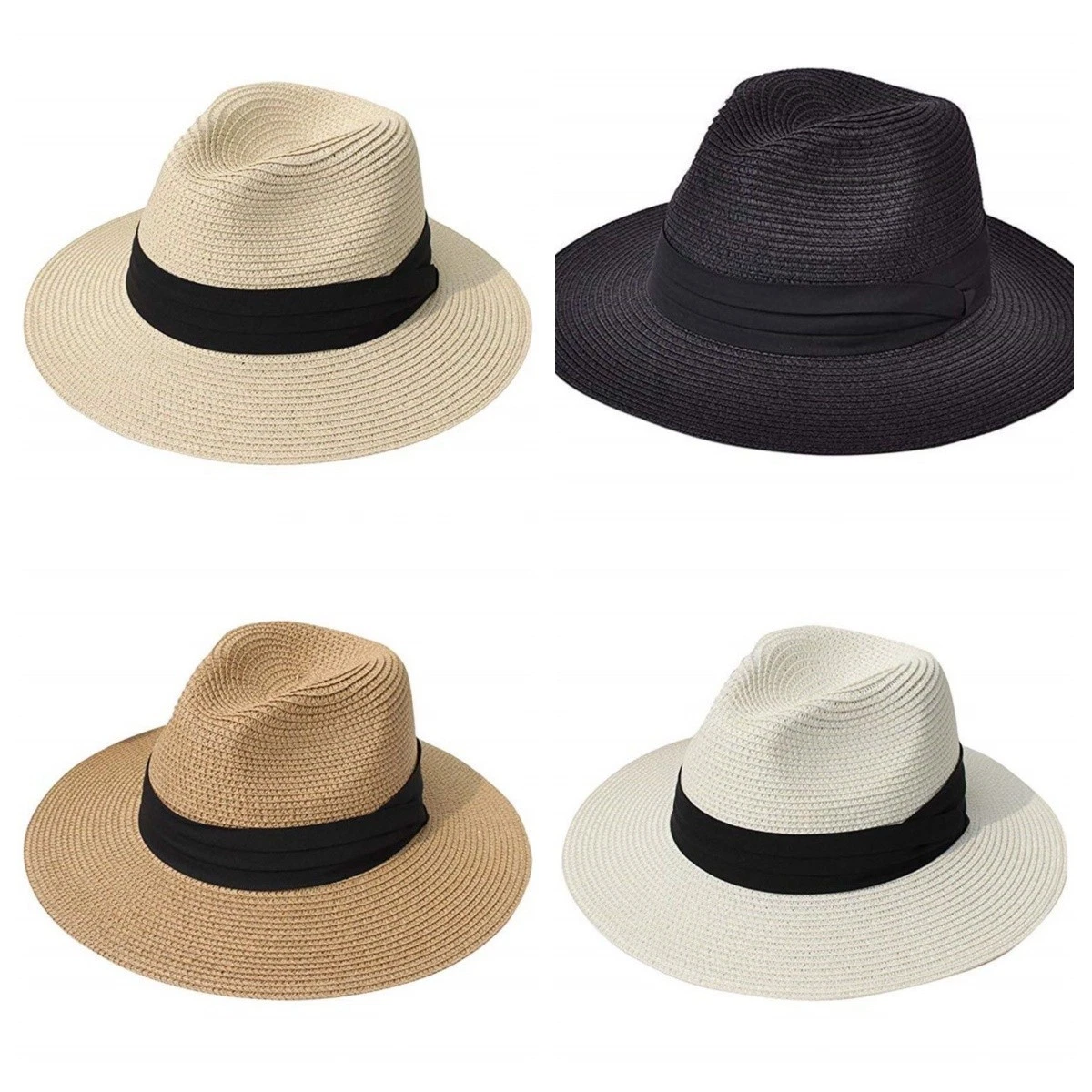 Womens Mens Wide Brim Panama Straw Hat Summer UV Protection Beach Sunshade Hat