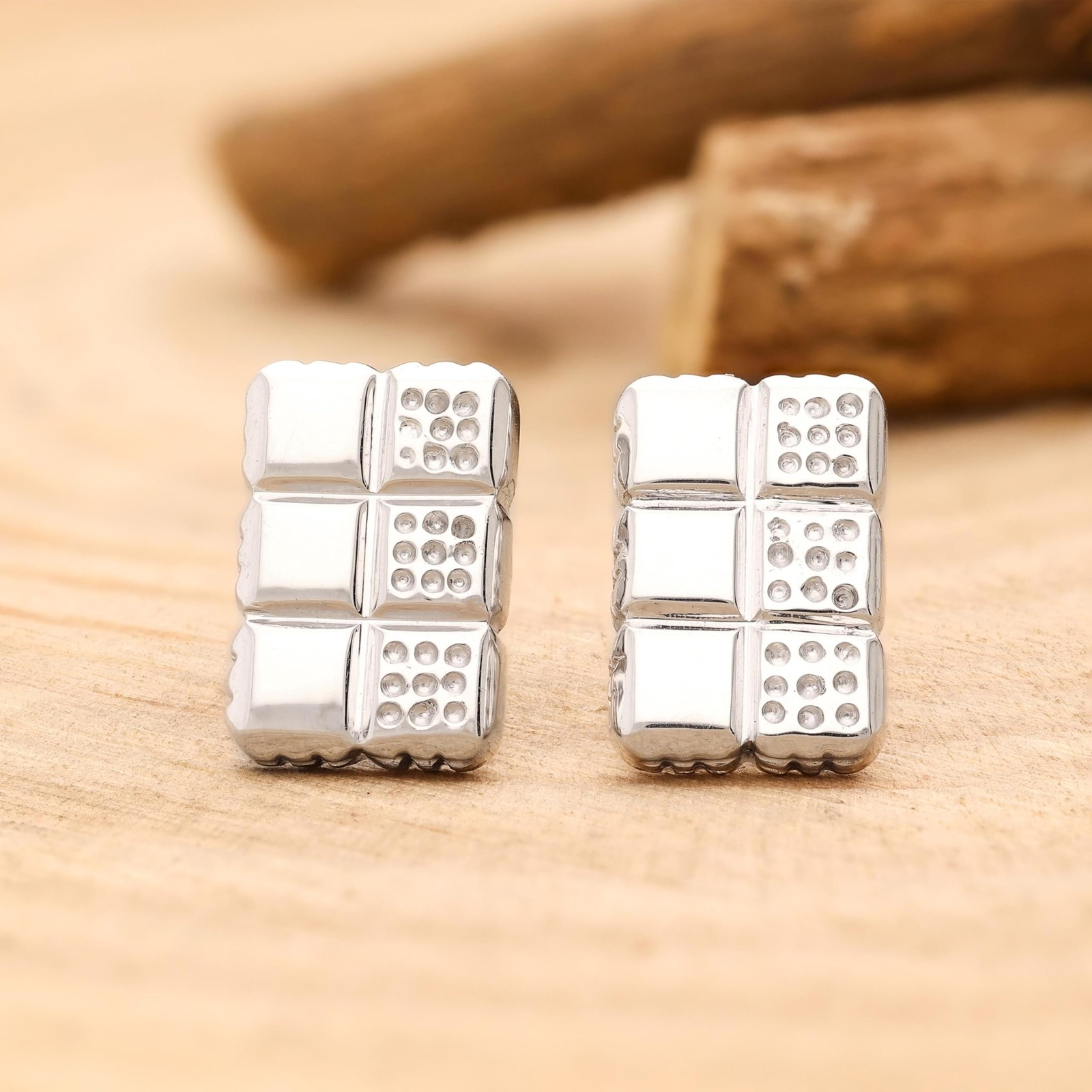 925 Silver Geometric Block Design Bold Textured Stud Earrings Gift For Women