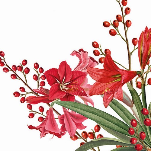 20 Servietten Christmas Bouquet White Amaryllis Blumen Beeren Rot Deko 33X33Cm-image