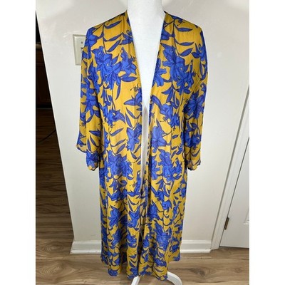 H&M Kimono Duster Women S Gold Blue Floral Open Front Longline Dopamine Beach
