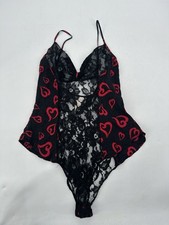 VTG Gold Label Victoria  s Secret Silk Lace Heart Teddy Bodysuit Black Red Sz M