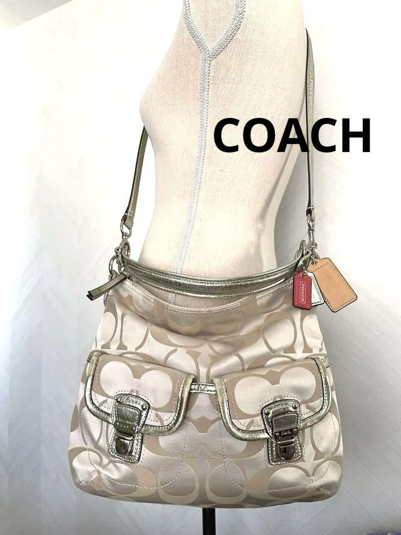 Coach Beige Logo Print Zip Top Shoulder Bag  