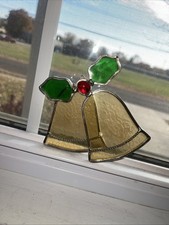 VTG Leaded Stained Glass Bells With Holly