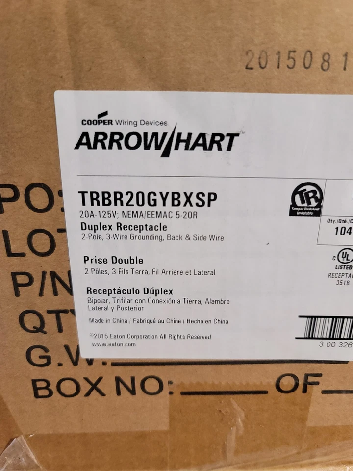 Estuche De 104 Cantidad Eaton TRBR20GY-BX Tomas 20A 2P En Gris Resistente A Manipulaciones Foto 4 de 4