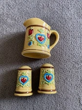 Vintage Cream Pottery Pitcher With Matching Salt And Pepper