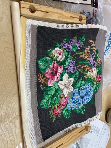 Partially Complete Cotton Pillow NEEDLEPOINT Frame Scroll Book Vintage