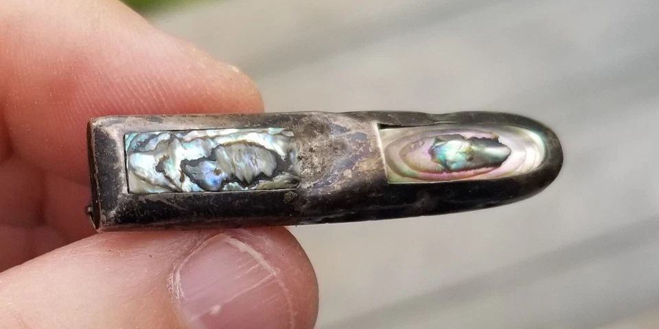 1-5/8" STERLING SILVER W/ABALONE SHELL RAISED ACCENTS TIE BAR~MEXICO~ALPACA~.925 - Image 2 of 4