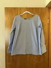 Talbots Everyday Stretch Poplin Long Sleeve Blue White Stripe Bow On Cuff NWT XL
