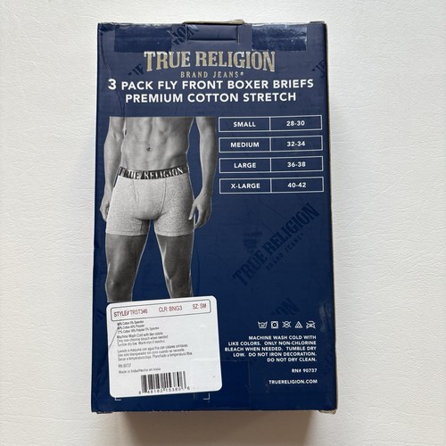 Paquete de 3 calzoncillos boxer True Religion pequeños de algodón premium grises con mosca frontal para hombre - Imagen 2 de 2