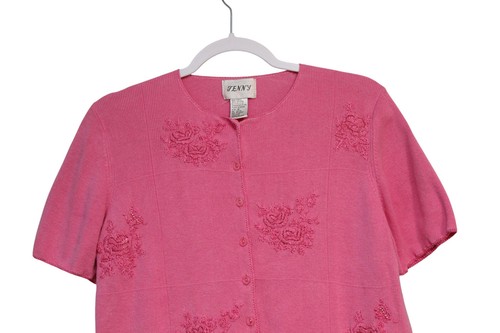Vintage 90s Knit Cardigan Sweater Medium Pink Floral Embroidered Feminine Ramie - Picture 2 of 8