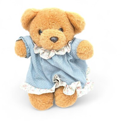 Vintage Brown Teddy Bear Dandee Blue Polka Dot Dress Floral Trim 8 inch