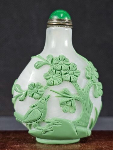 Chinese Plum Blossom Bird Crane Carved Peking Overlay Glass Snuff Bottle - Picture 1 of 8
