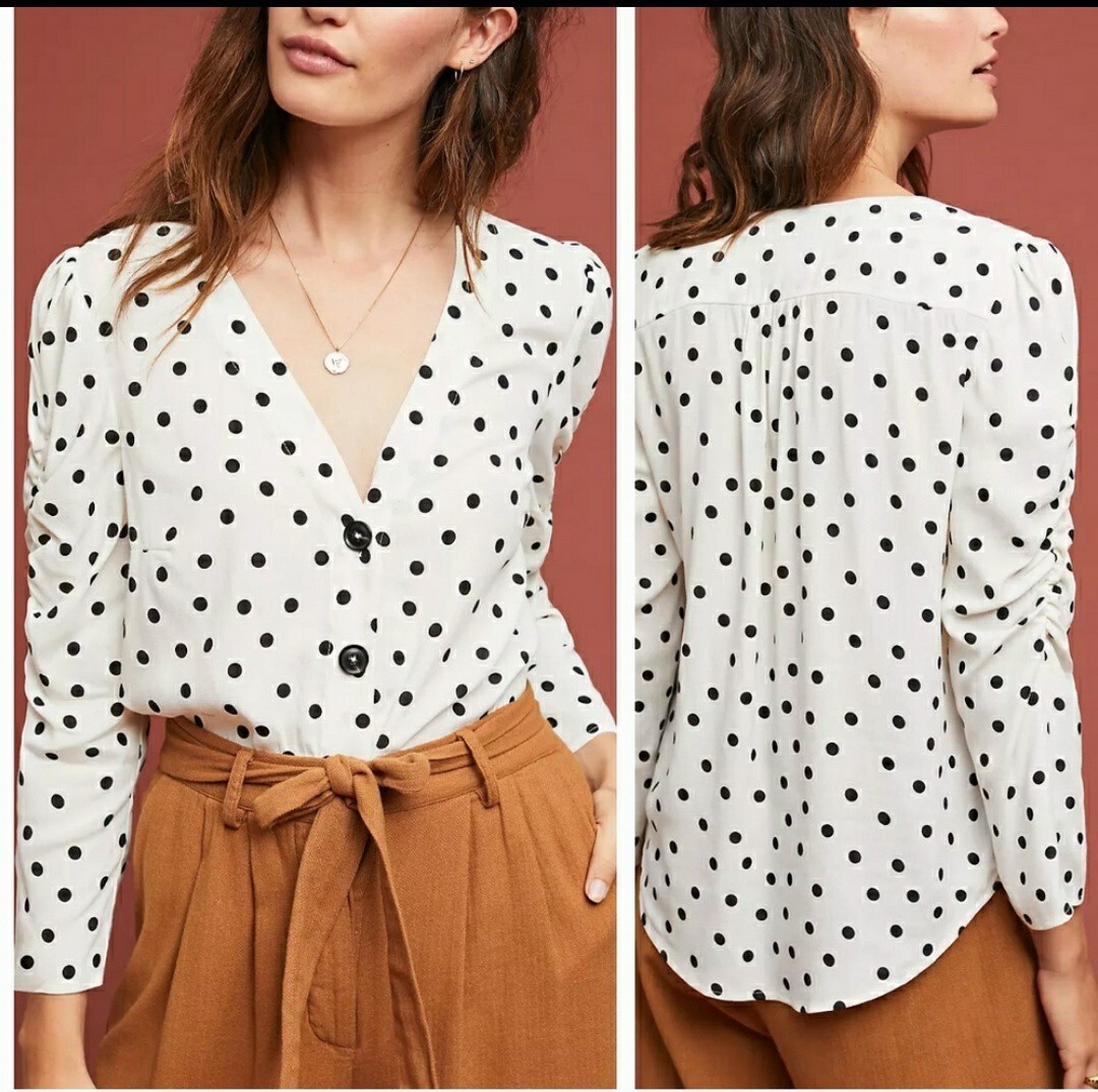 Maeve By Anthropologie Black White Polkadot Top Size Small 3 4 rushed sleeves