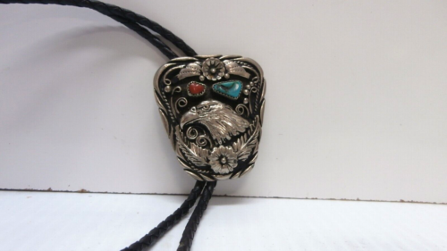 Vintage Western Eagle SSI USA Bolo Tie Silver Tone Turquoise Red Coral Leather - Picture 6 of 9