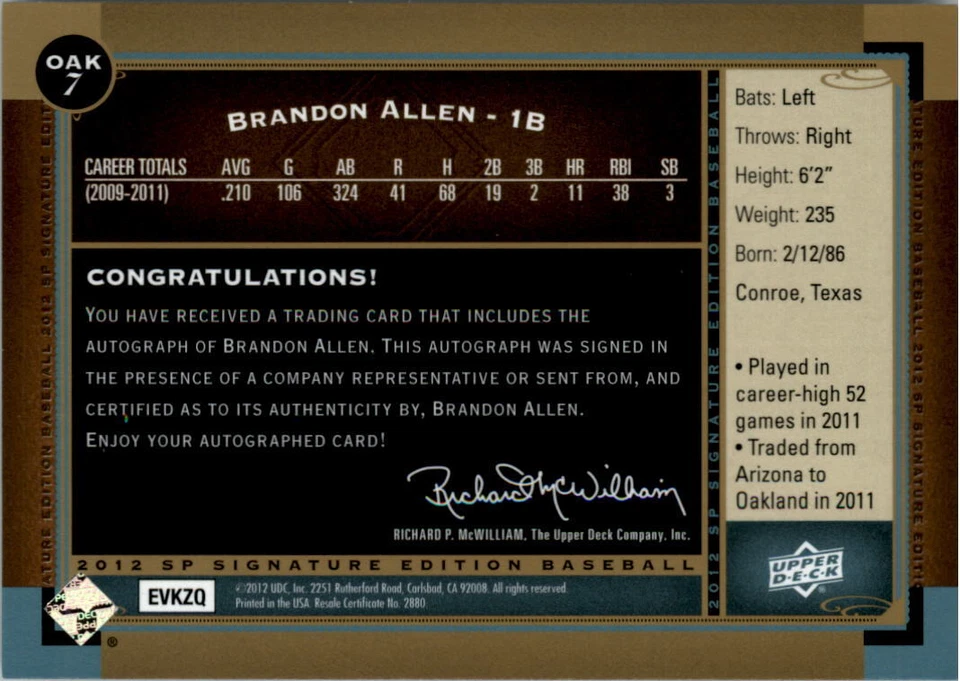 2012 SP Signature #OAK7 Brandon Allen E Auto - NM-MT - Image 2 of 2
