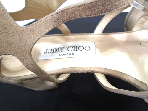 Jimmy Choo Ren 35 Beige Suede Caged Low Heel Sandals Women Sz 40.5 EU/10 US - Picture 9 of 12