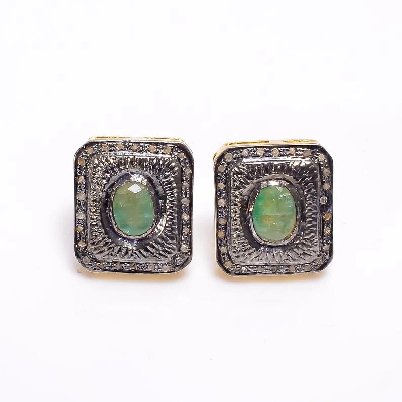 Aretes de diamantes naturales y esmeraldas de plata de ley 925 para mujer Foto 3 de 4