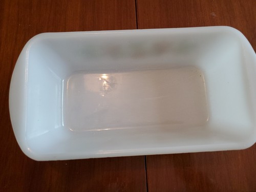 Glasbake Loaf Pan J-522 Milk Glass White Leaf Pattern Green Brown_ - Picture 3 of 3