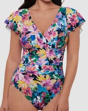 Swim Solutions Women Purple Garden Dream Flutter Sleeve One Piece Swimsuit Sz 16