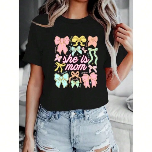 Women's bow and letter printed T-shirt,round neck short sleeved T-shirt - Picture 11 of 12