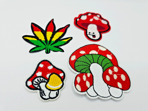 Red Mushroom Embroidered Iron-On Patch Set (4pc) ๐ Trippy Toadstool, Weed Leaf - Picture 2 of 3