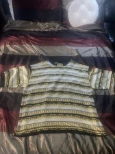 VINTAGE SETA PER UOMO MENS METALLIC SILK PULLOVER SHIRT GOLD SIZE XL STUNNING