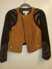 H&m Camel Black Suede Leather Jacket With Gold Zipper Front Us Size 2