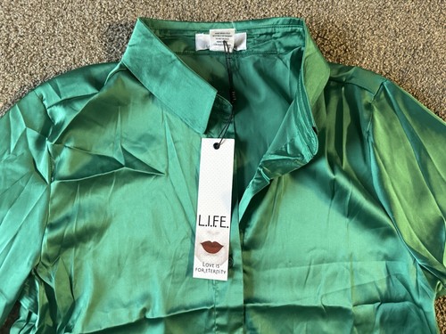 L.I.F.E. Luxurious Spliced Faux Feather Party Silky Blouse L 💚New with Tags - Picture 9 of 12