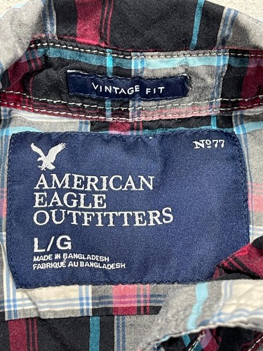 American Eagle Shirt Mens Large Black Red Plaid Long Sleeve Button Up - Picture 2 of 9