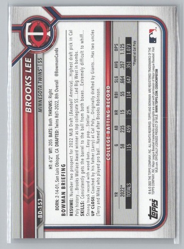 2022 Bowman Draft #BD-153 Brooks Lee - Picture 2 of 2