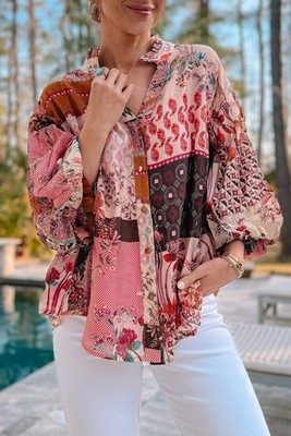Red Boho Geometric Floral  Mixed Print Patchwork Bubble Sleeve Shirt