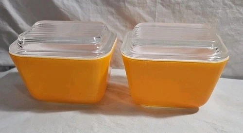 Vintage Pyrex Glass Refrigerator Dish with Lid # 501-B Orange 12 oz Set of 2